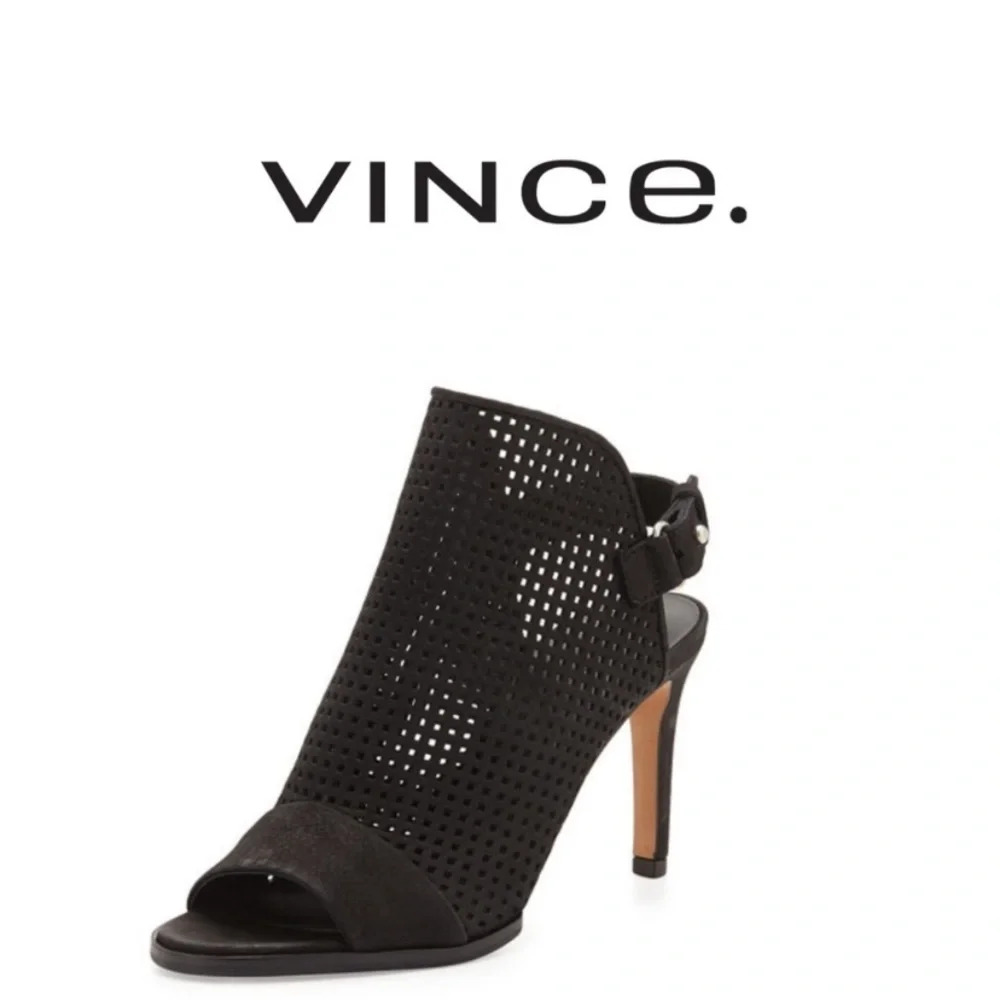 Vince Aden Laser Cut Suede Peep Toe Heel Sandal Slingback Booties Nubuck 7‎ 37.5